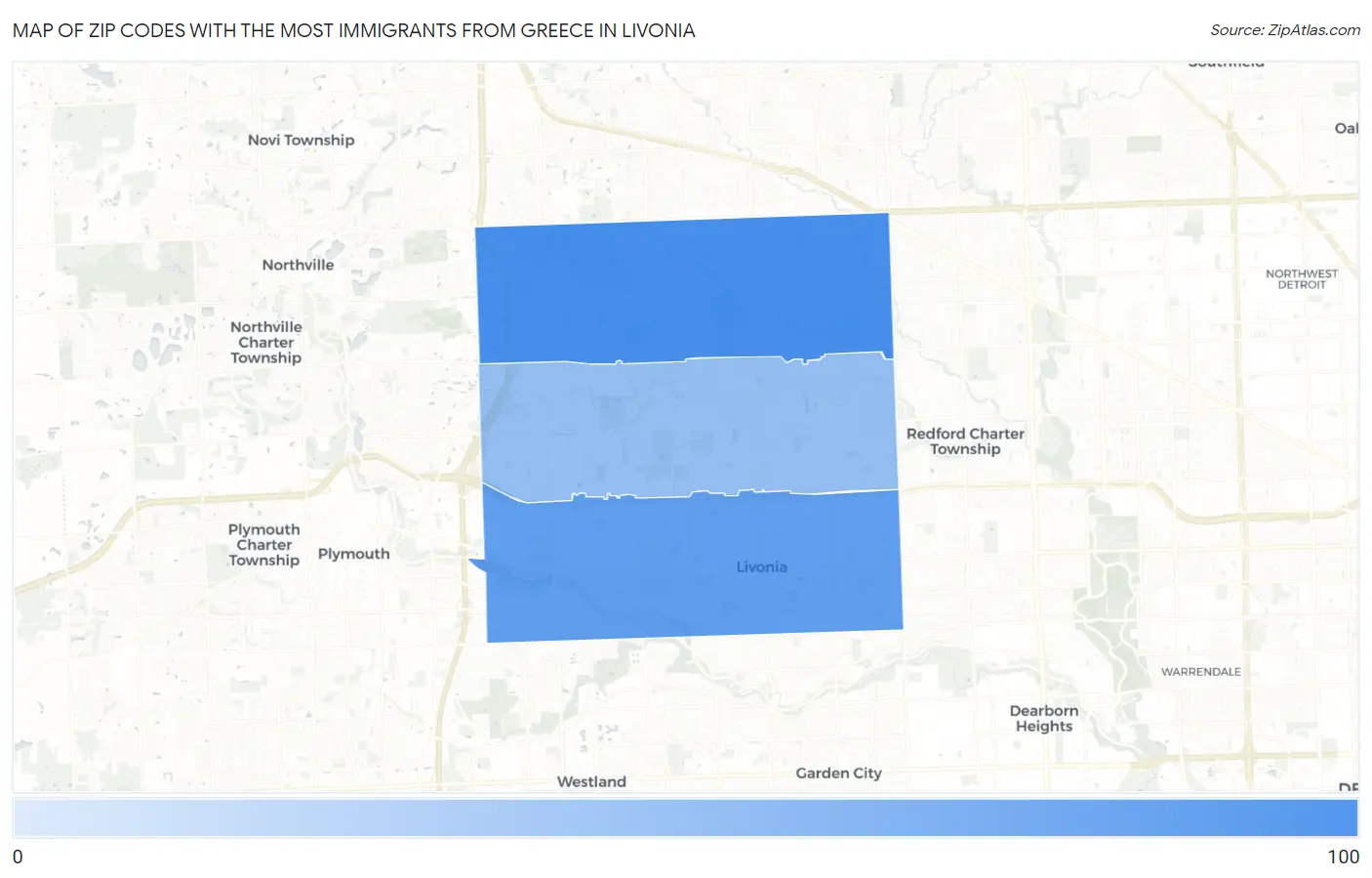 Zip Codes with the Most Immigrants from Greece in Livonia Map