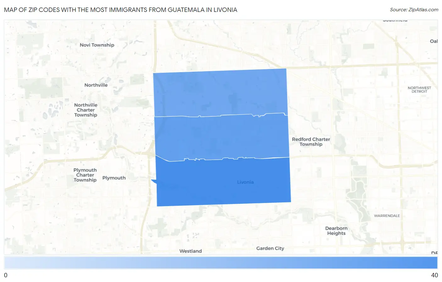 Zip Codes with the Most Immigrants from Guatemala in Livonia Map