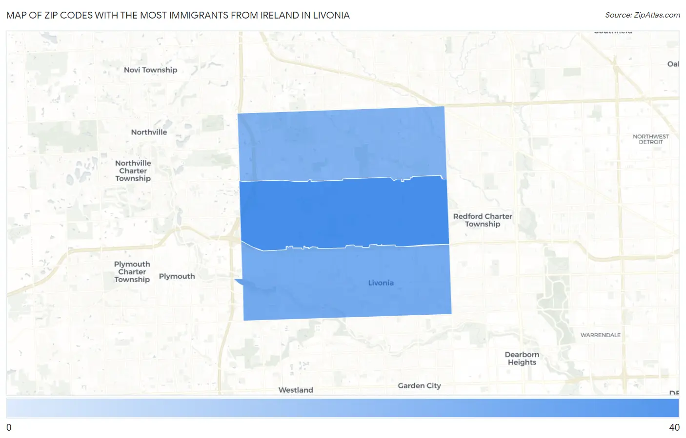 Zip Codes with the Most Immigrants from Ireland in Livonia Map