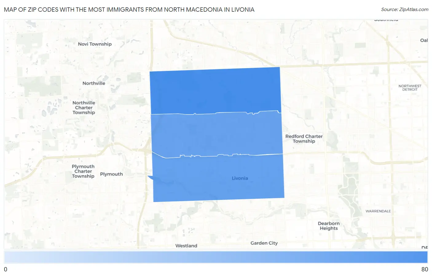 Zip Codes with the Most Immigrants from North Macedonia in Livonia Map