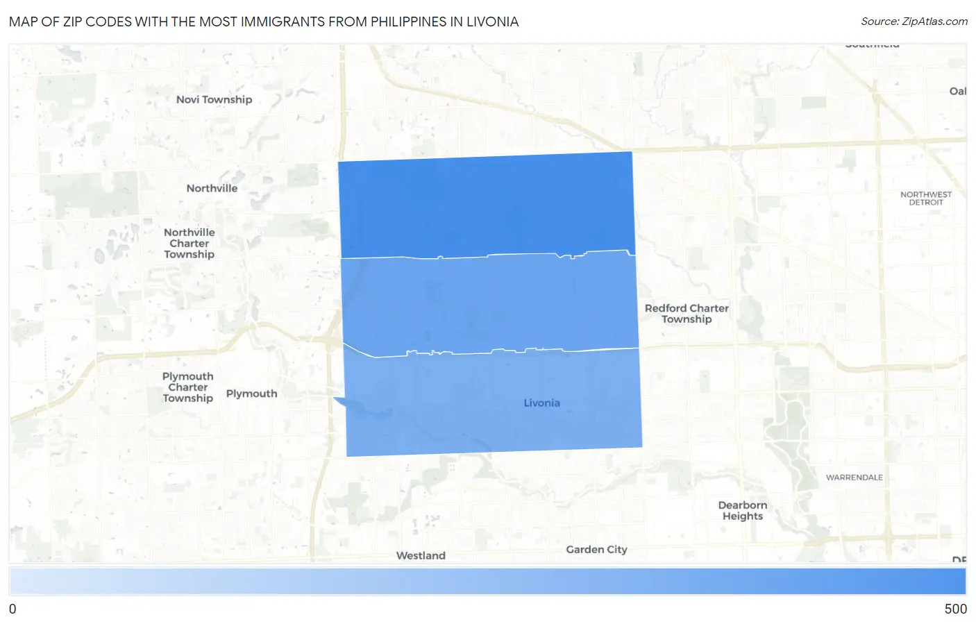 Zip Codes with the Most Immigrants from Philippines in Livonia Map