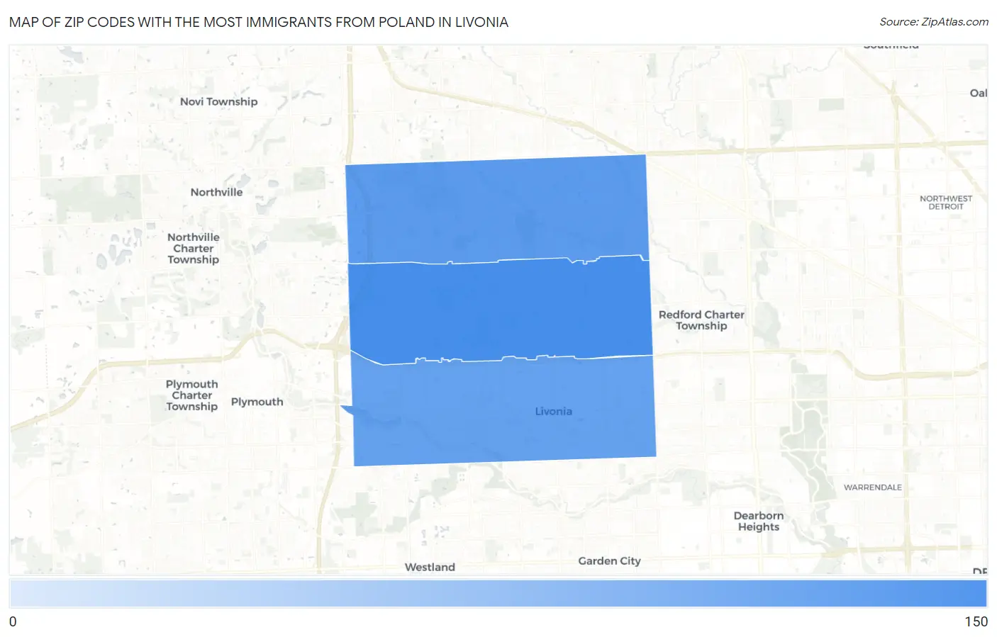 Zip Codes with the Most Immigrants from Poland in Livonia Map