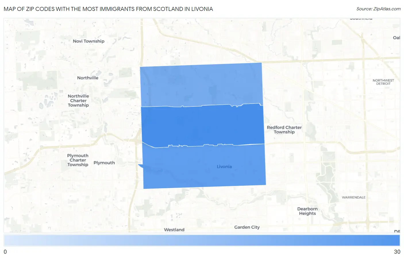 Zip Codes with the Most Immigrants from Scotland in Livonia Map