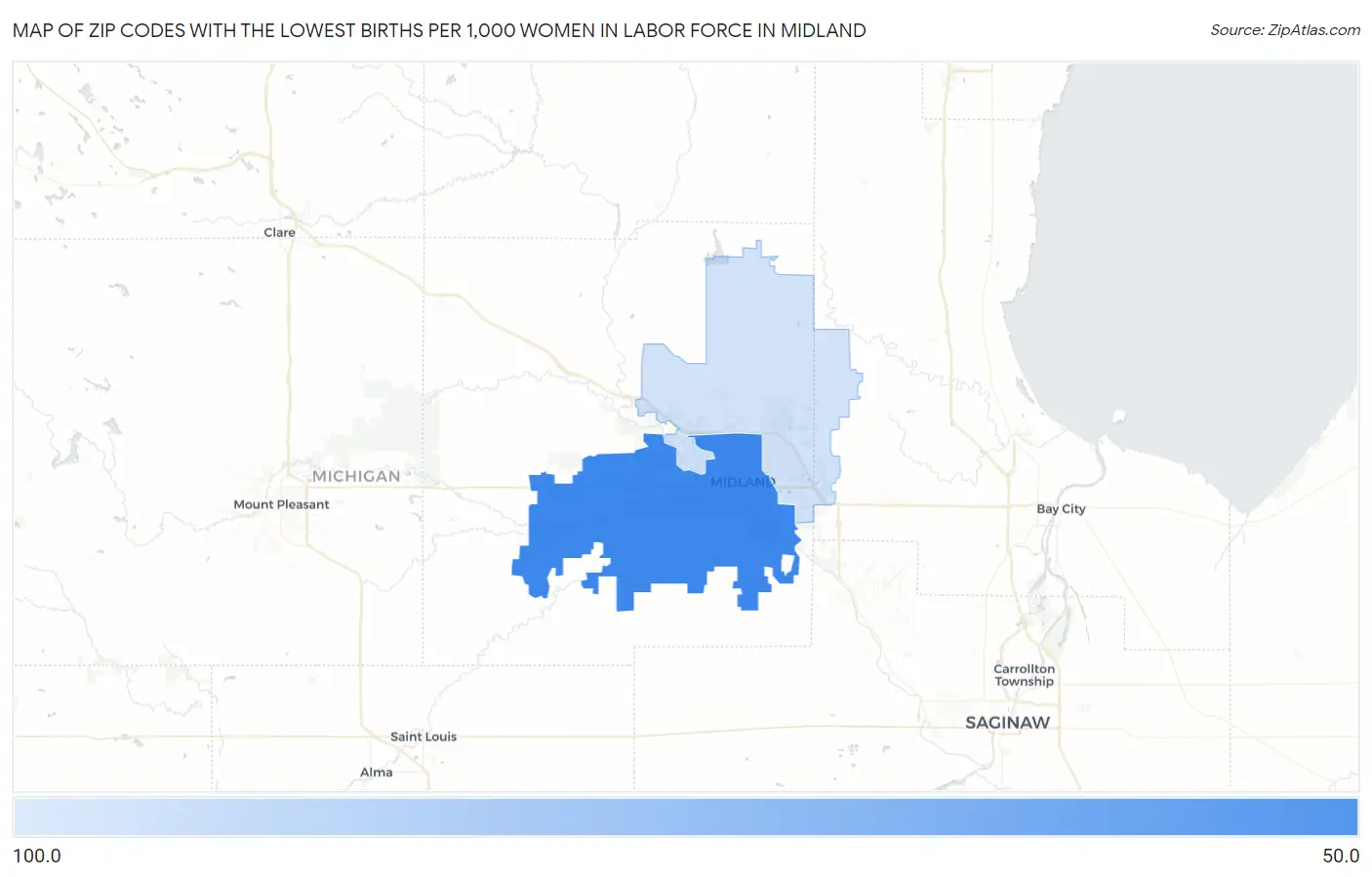 Zip Codes with the Lowest Births per 1,000 Women in Labor Force in Midland Map