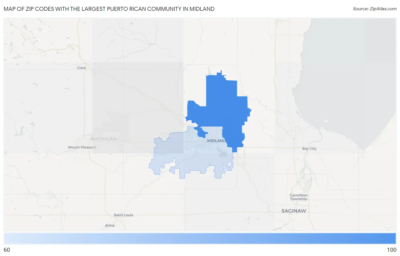 Zip Codes with the Largest Puerto Rican Community in Midland Map
