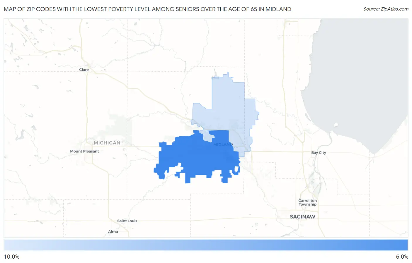 Zip Codes with the Lowest Poverty Level Among Seniors Over the Age of 65 in Midland Map