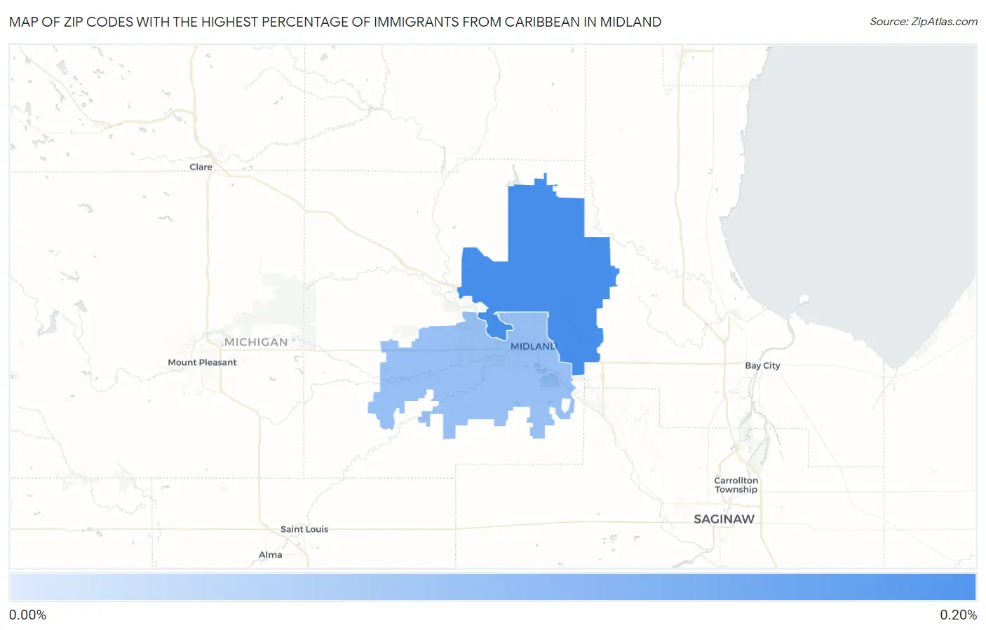 Zip Codes with the Highest Percentage of Immigrants from Caribbean in Midland Map