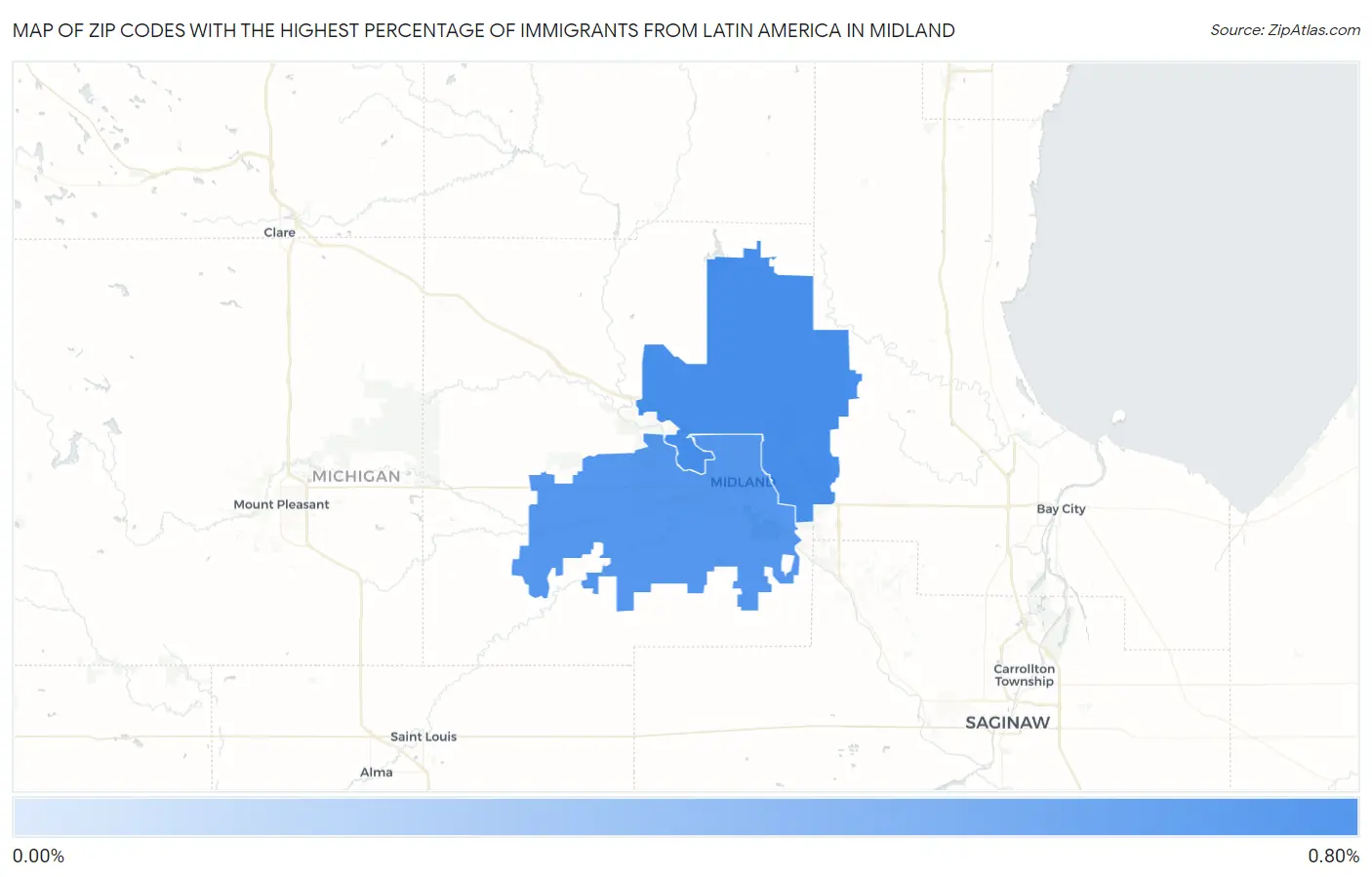 Zip Codes with the Highest Percentage of Immigrants from Latin America in Midland Map