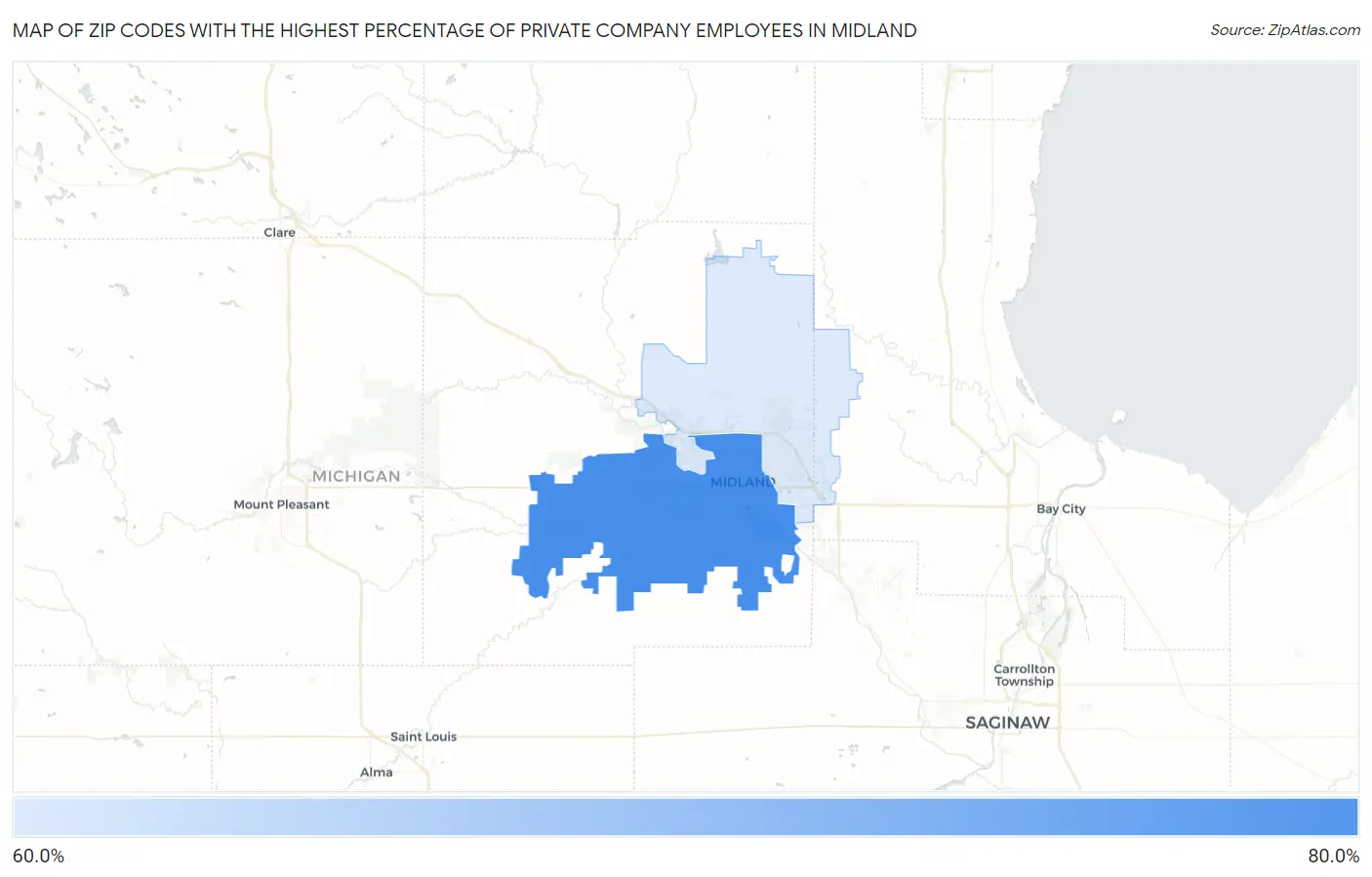 Zip Codes with the Highest Percentage of Private Company Employees in Midland Map