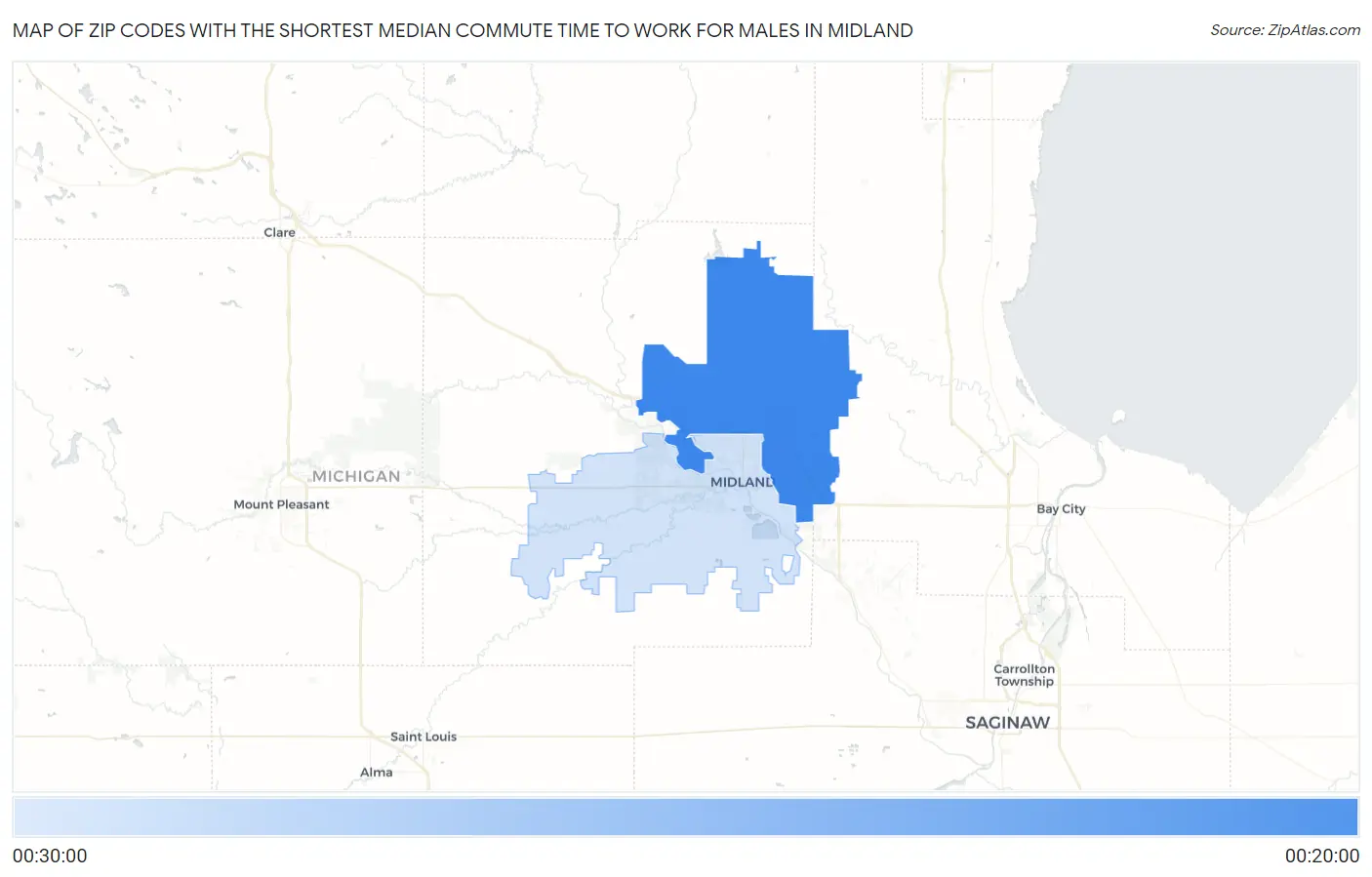 Zip Codes with the Shortest Median Commute Time to Work for Males in Midland Map