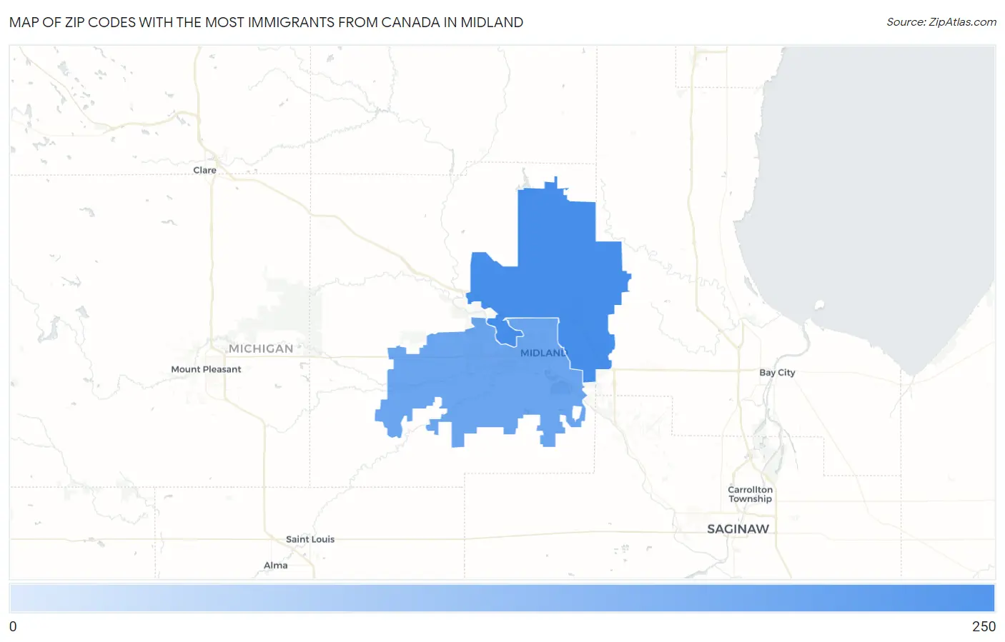 Zip Codes with the Most Immigrants from Canada in Midland Map