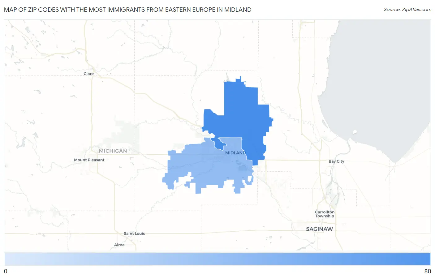 Zip Codes with the Most Immigrants from Eastern Europe in Midland Map