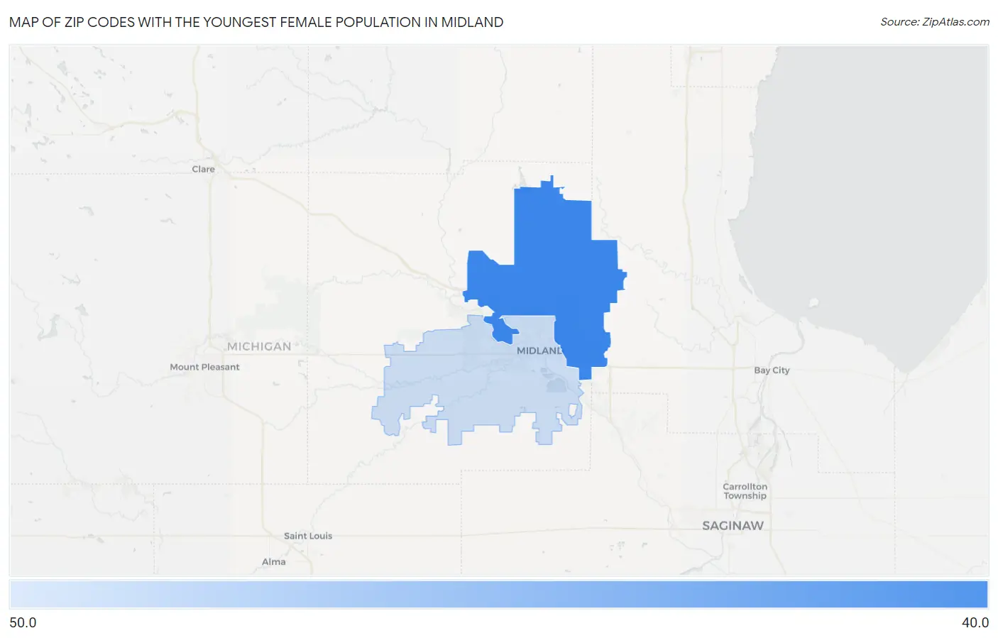 Zip Codes with the Youngest Female Population in Midland Map