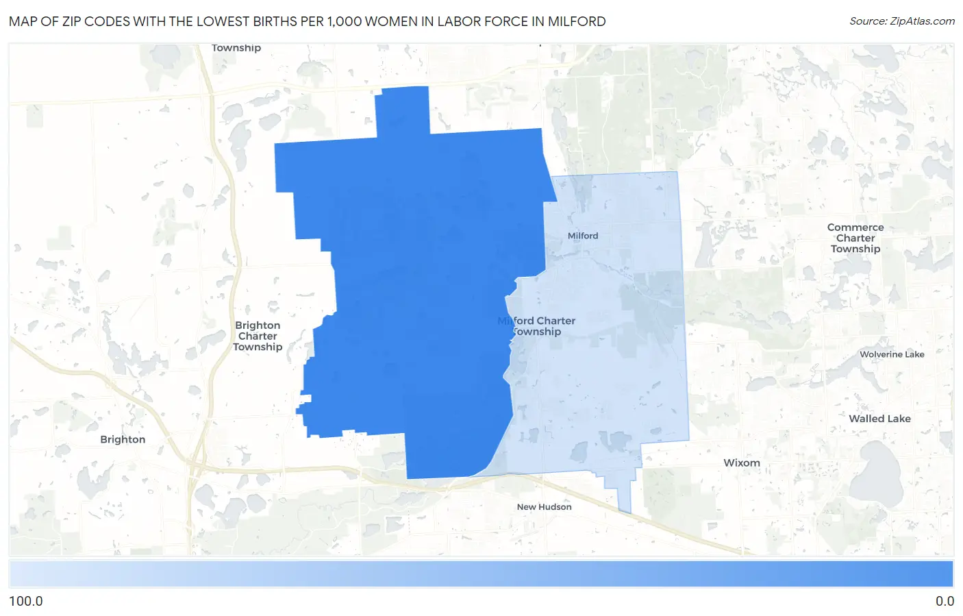 Zip Codes with the Lowest Births per 1,000 Women in Labor Force in Milford Map