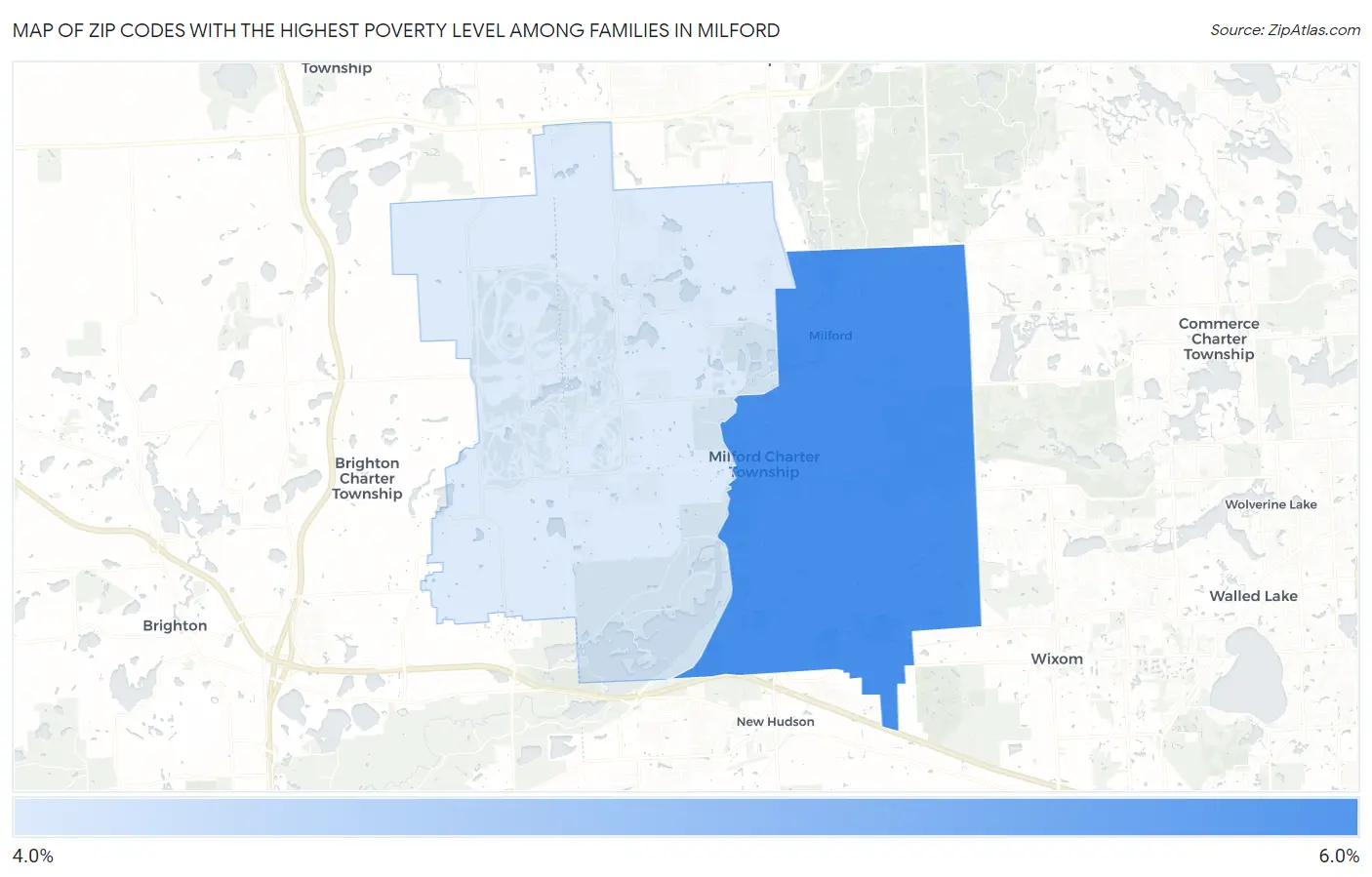 Zip Codes with the Highest Poverty Level Among Families in Milford Map