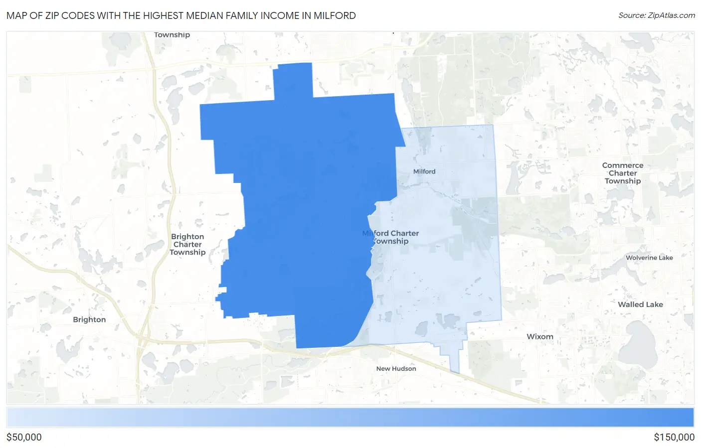 Zip Codes with the Highest Median Family Income in Milford Map