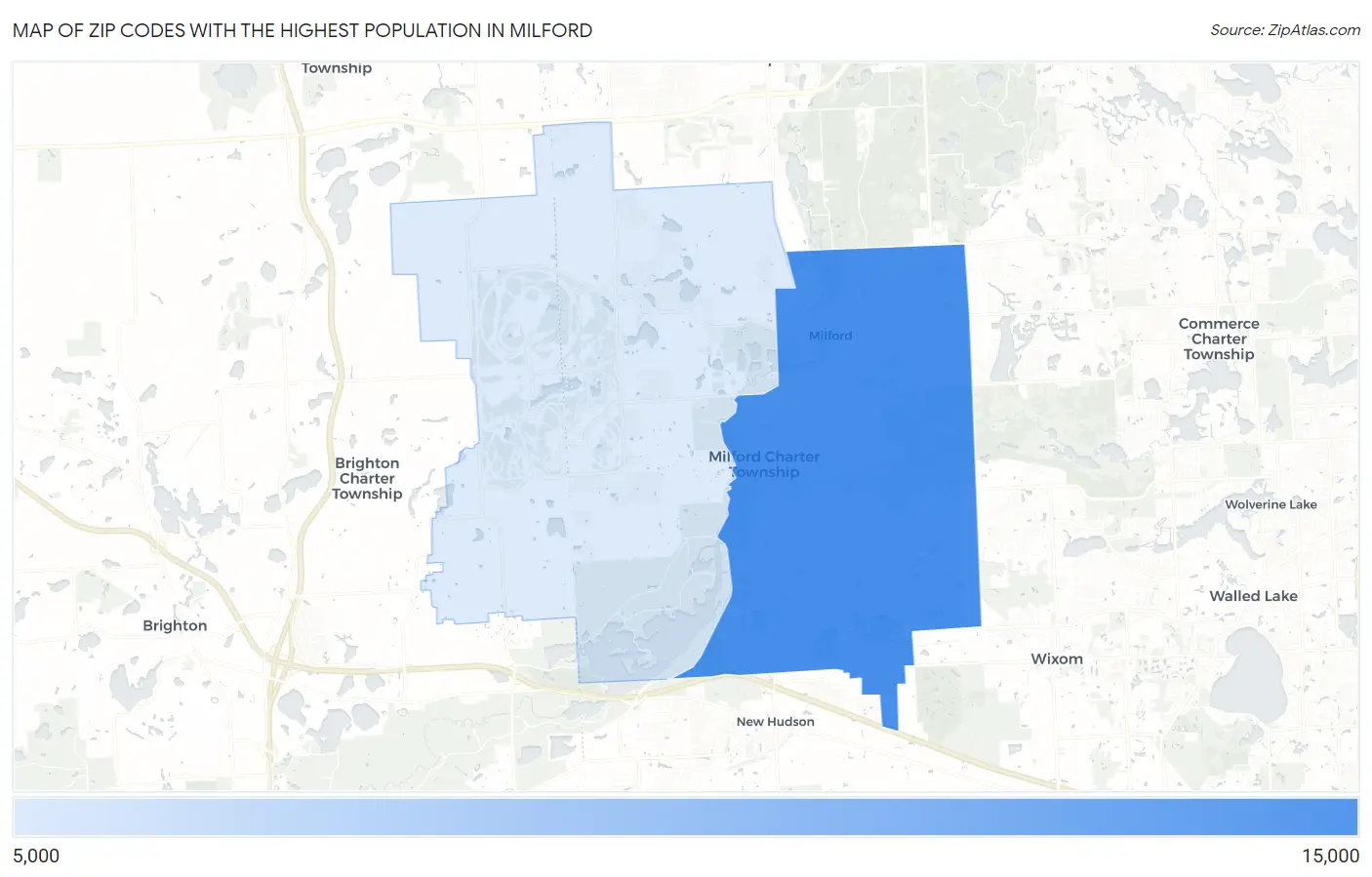 Zip Codes with the Highest Population in Milford Map