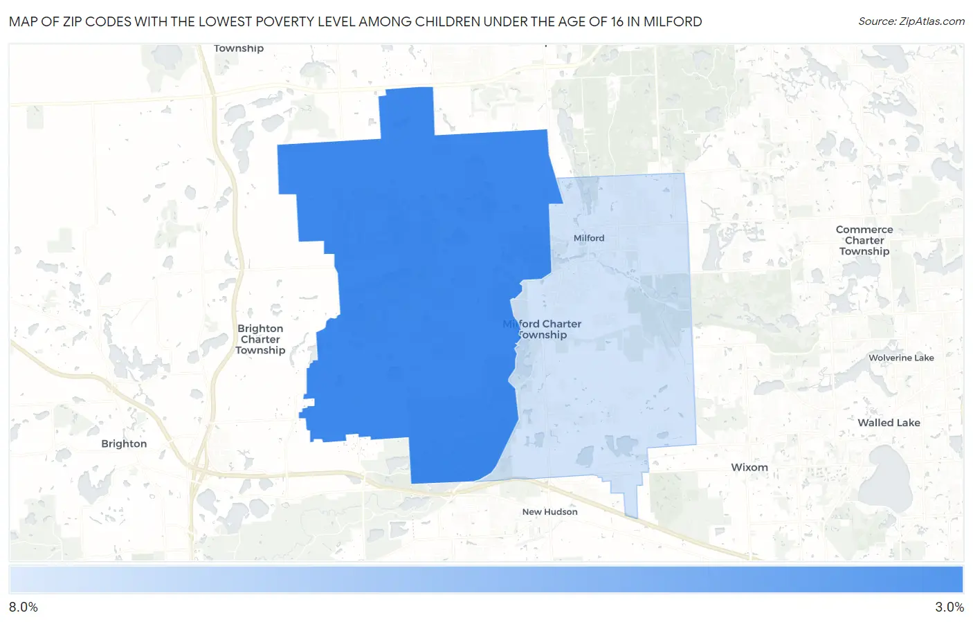 Zip Codes with the Lowest Poverty Level Among Children Under the Age of 16 in Milford Map