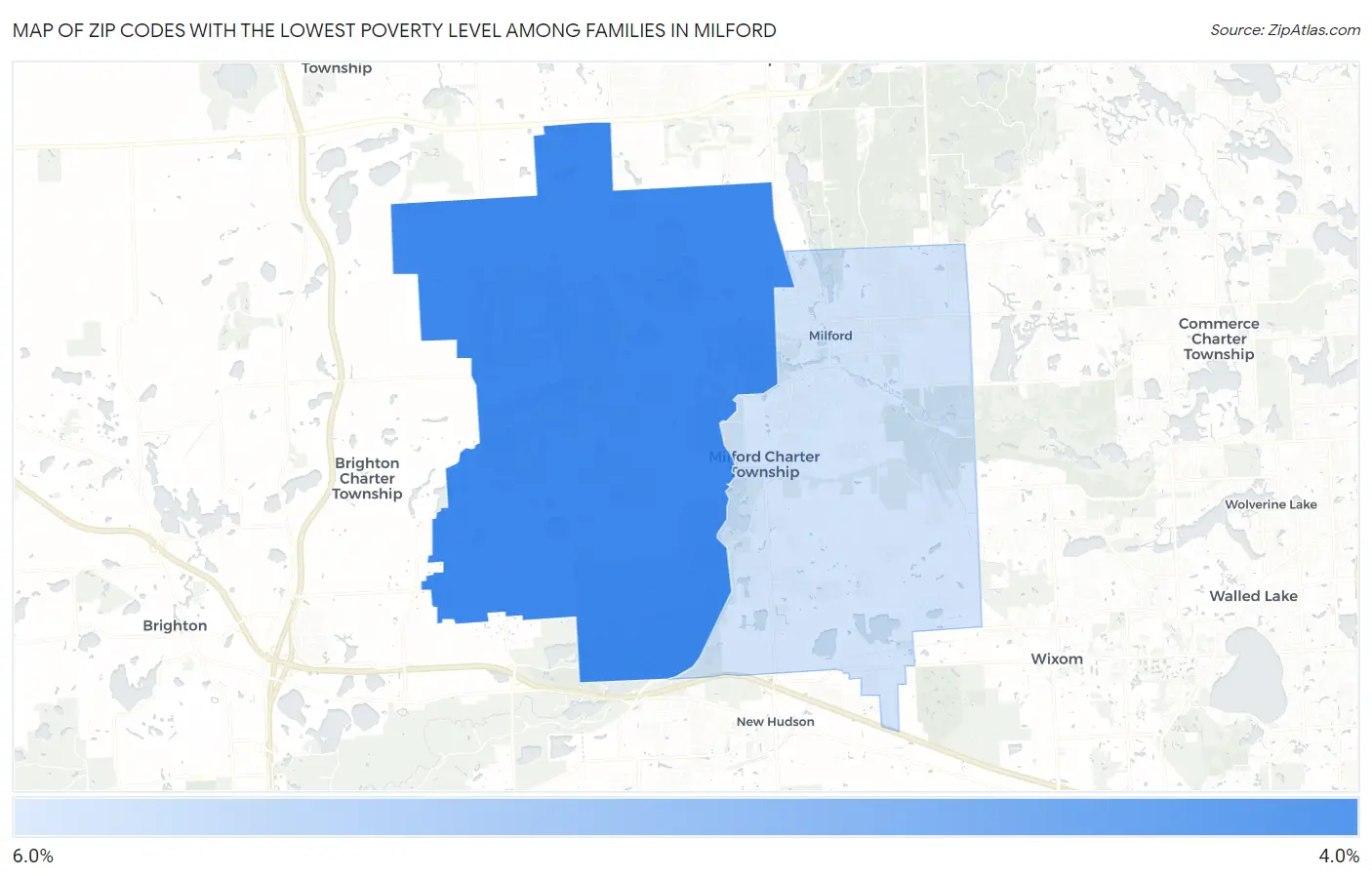 Zip Codes with the Lowest Poverty Level Among Families in Milford Map