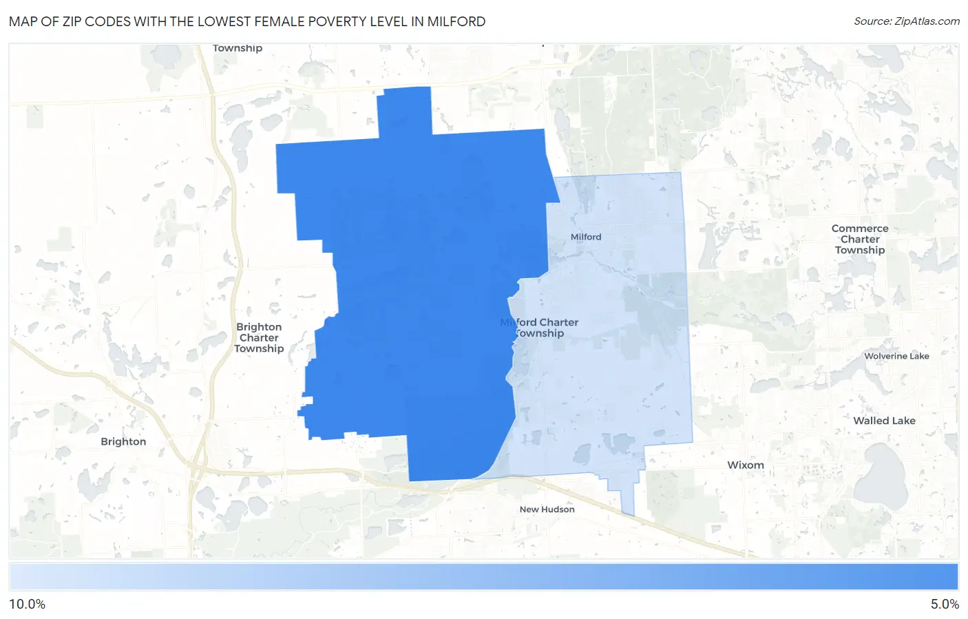 Zip Codes with the Lowest Female Poverty Level in Milford Map