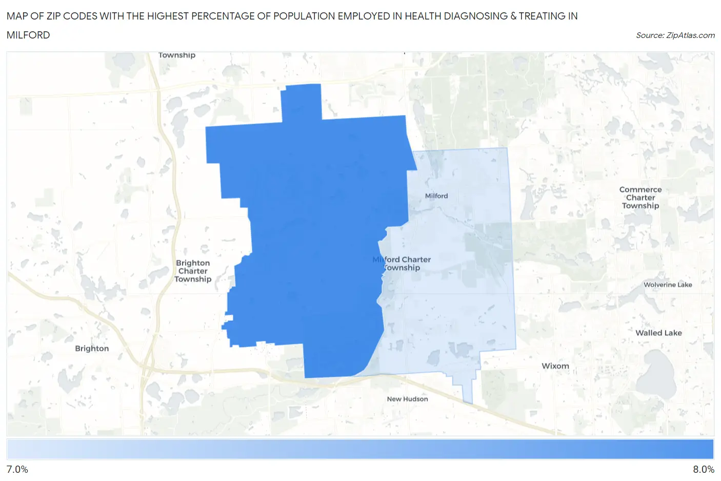 Zip Codes with the Highest Percentage of Population Employed in Health Diagnosing & Treating in Milford Map