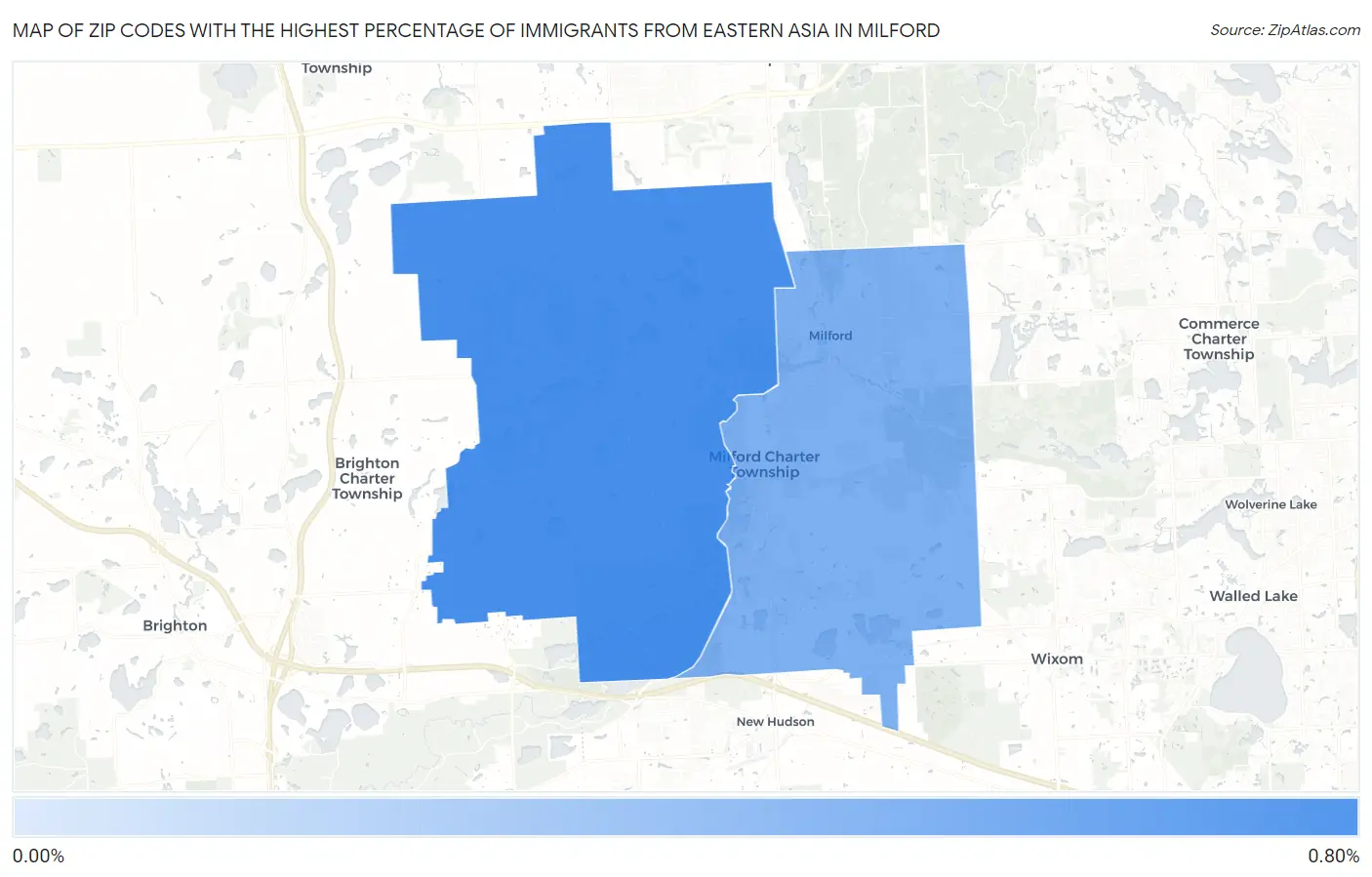 Zip Codes with the Highest Percentage of Immigrants from Eastern Asia in Milford Map