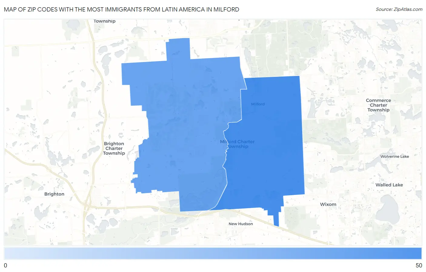 Zip Codes with the Most Immigrants from Latin America in Milford Map