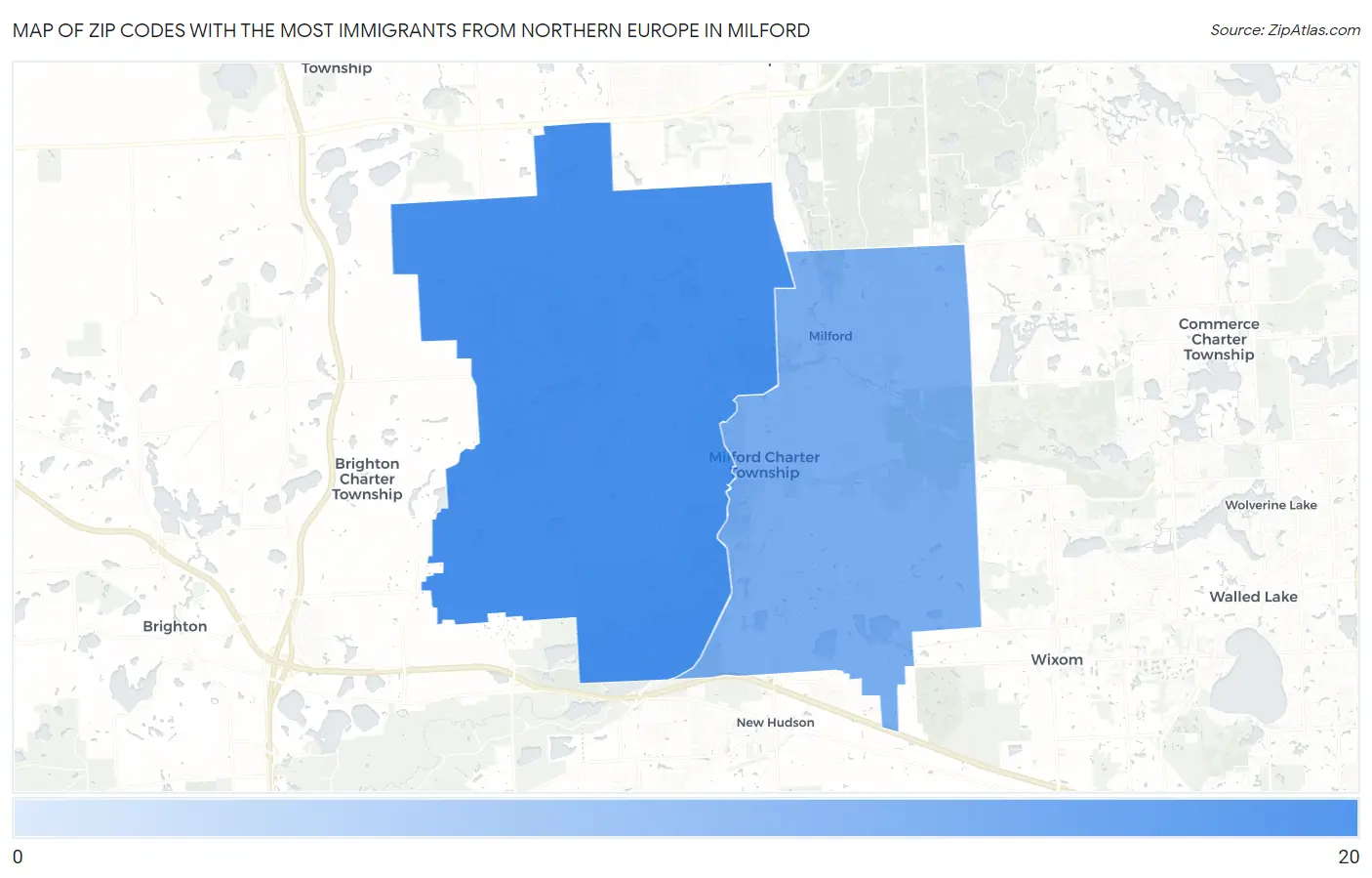 Zip Codes with the Most Immigrants from Northern Europe in Milford Map