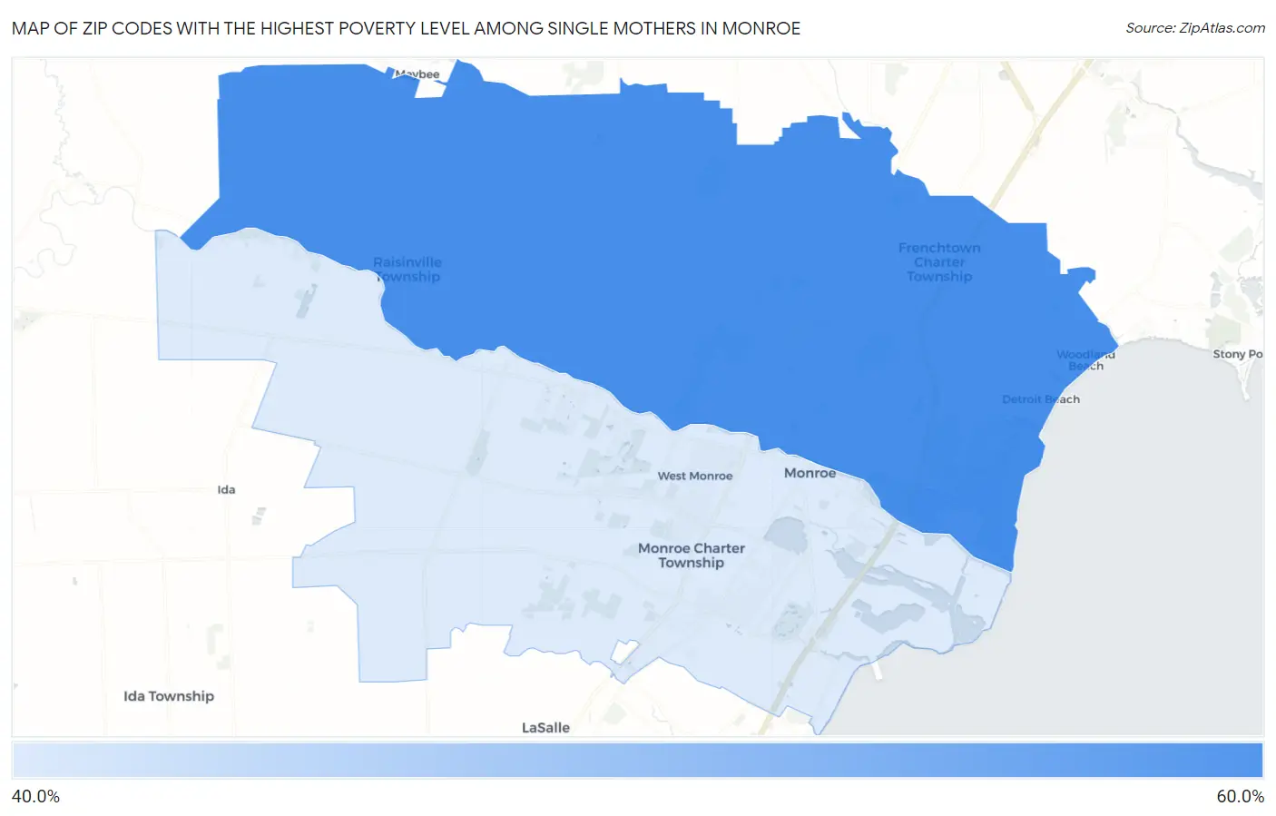 Zip Codes with the Highest Poverty Level Among Single Mothers in Monroe Map