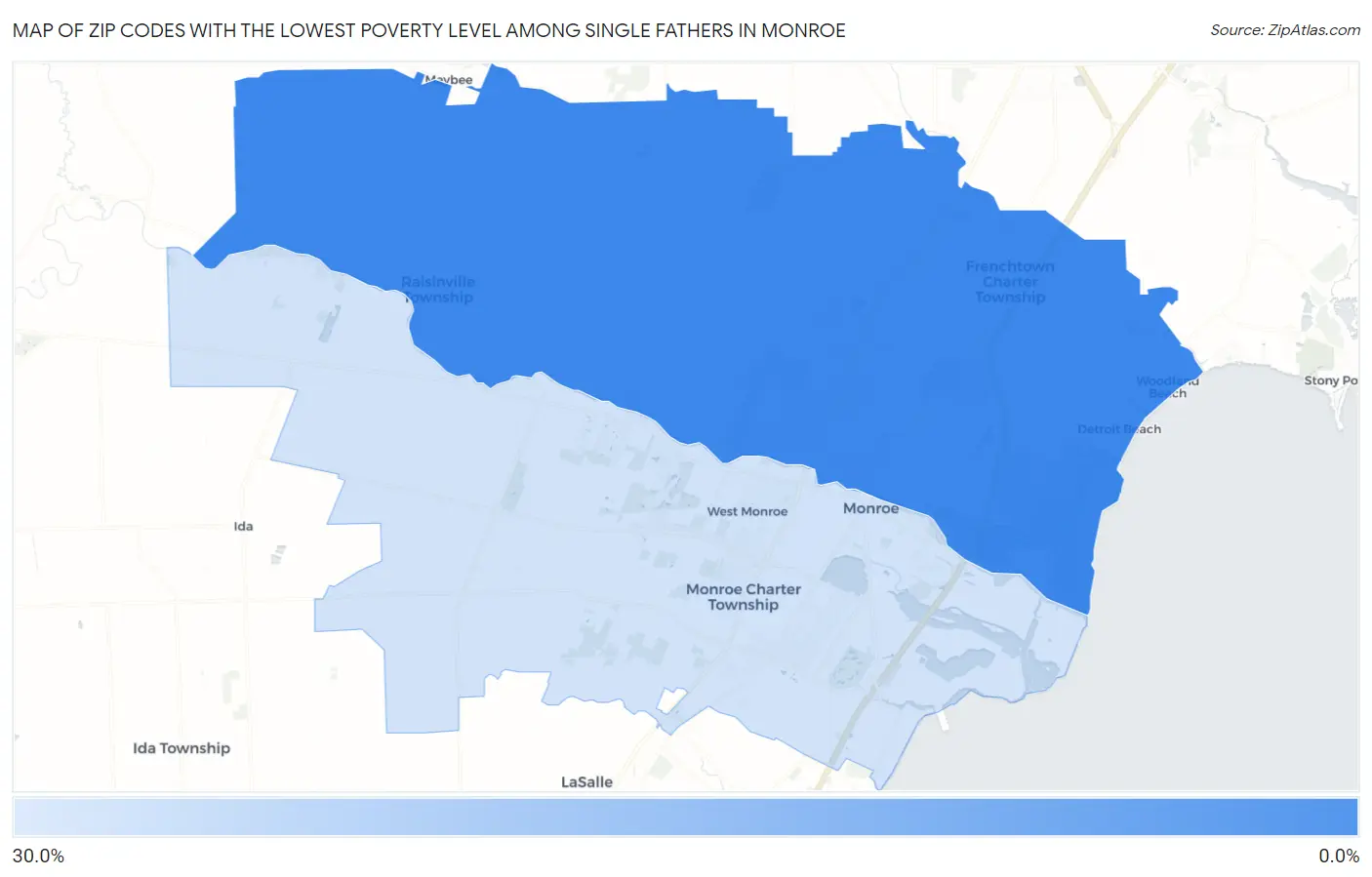 Zip Codes with the Lowest Poverty Level Among Single Fathers in Monroe Map