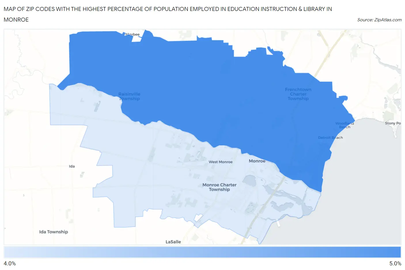 Zip Codes with the Highest Percentage of Population Employed in Education Instruction & Library in Monroe Map
