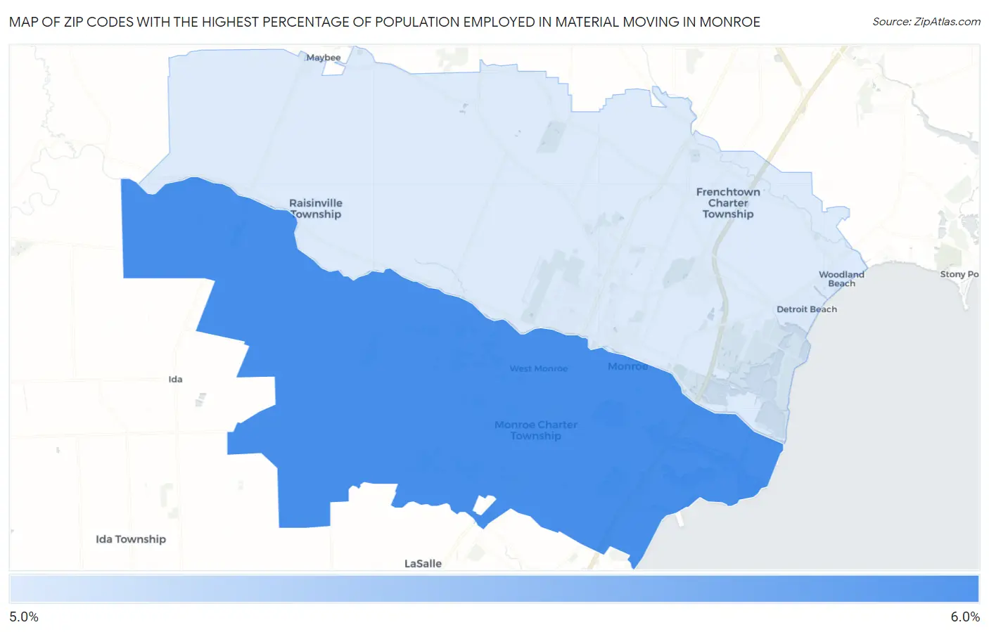 Zip Codes with the Highest Percentage of Population Employed in Material Moving in Monroe Map