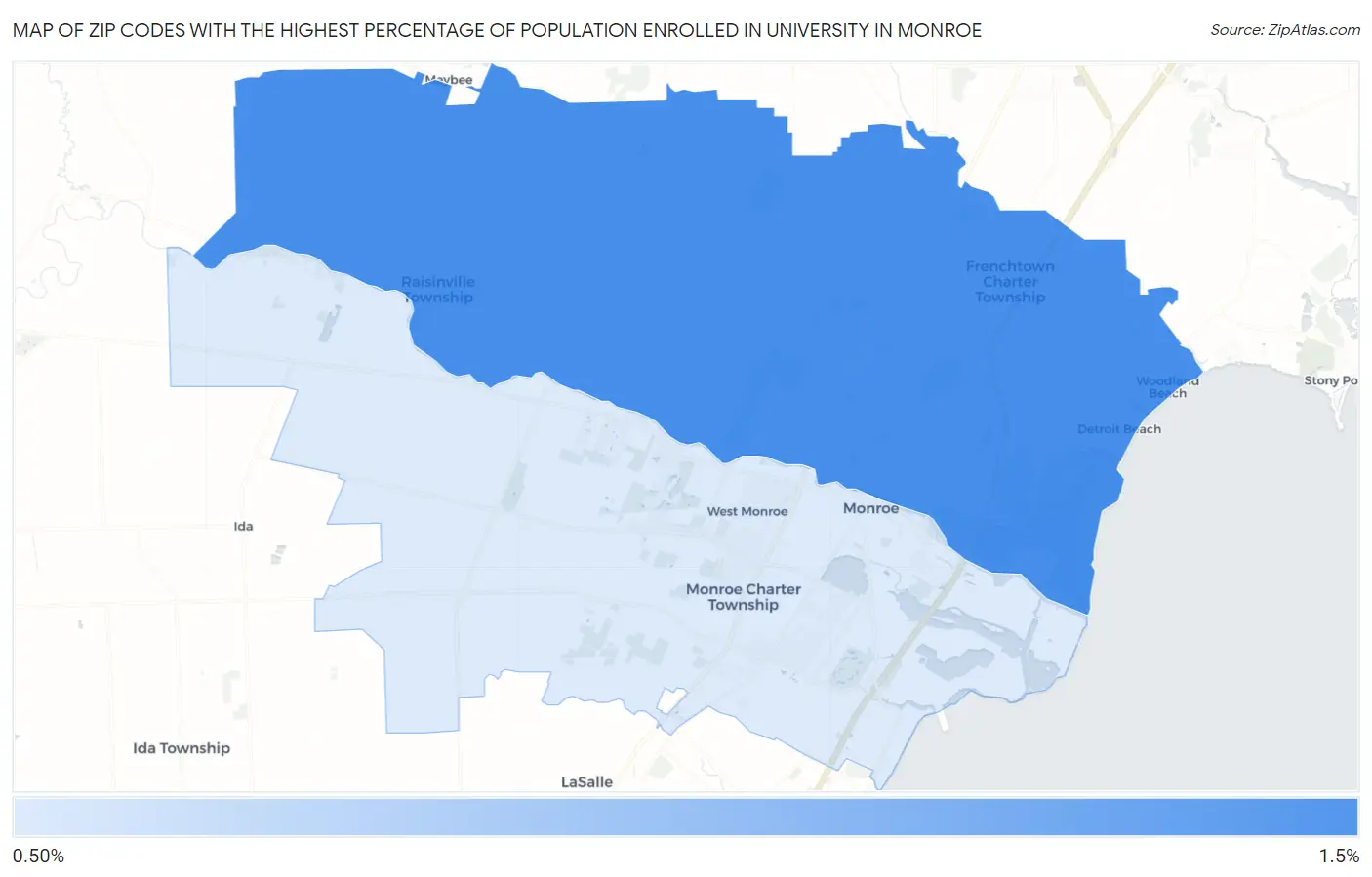 Zip Codes with the Highest Percentage of Population Enrolled in University in Monroe Map