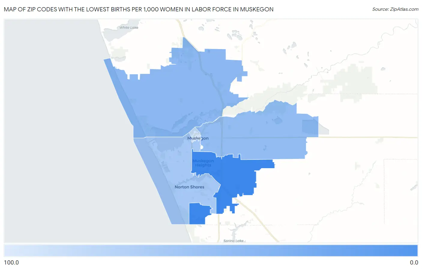 Zip Codes with the Lowest Births per 1,000 Women in Labor Force in Muskegon Map
