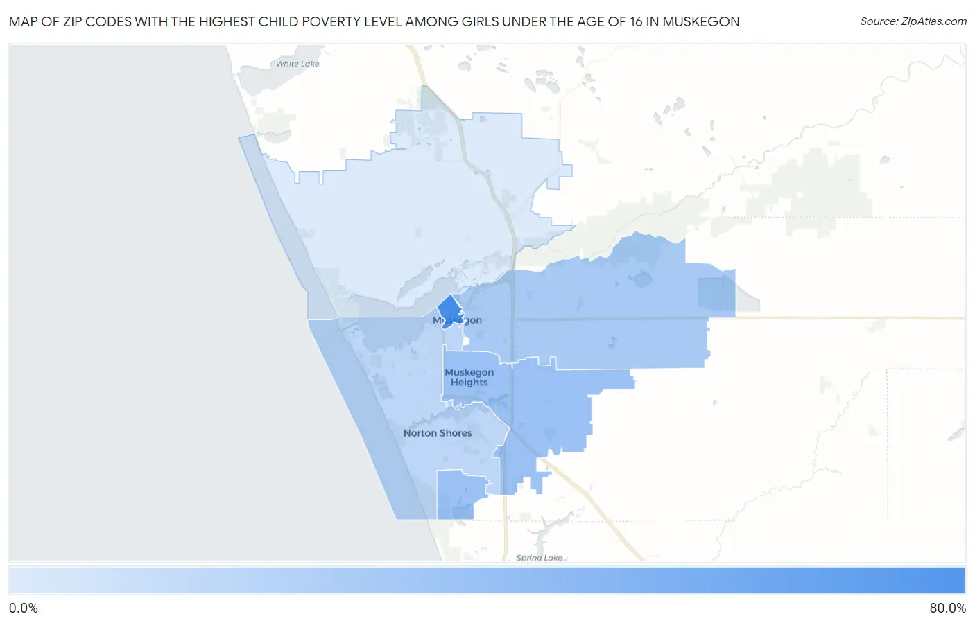 Zip Codes with the Highest Child Poverty Level Among Girls Under the Age of 16 in Muskegon Map