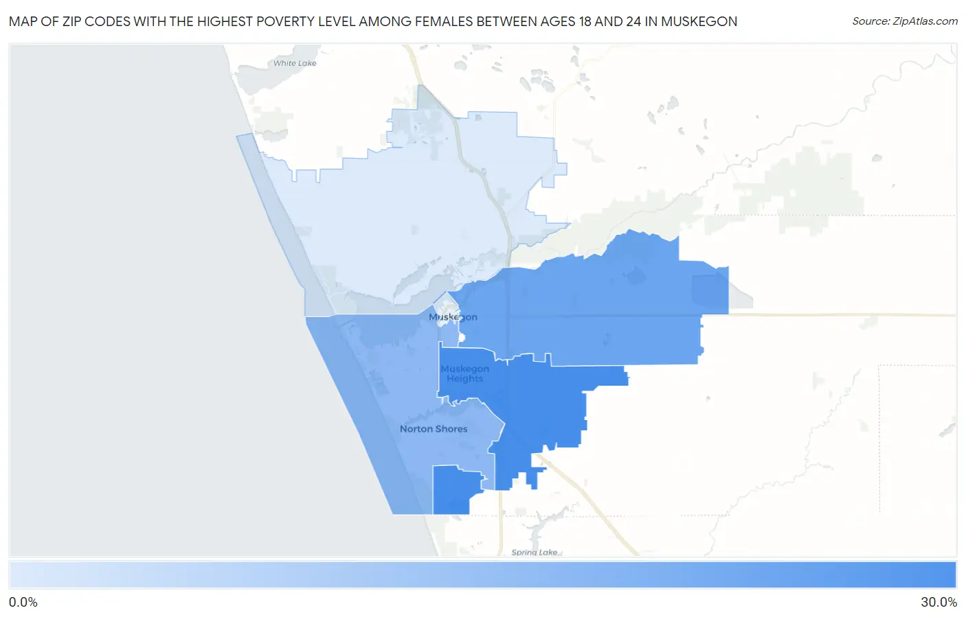 Zip Codes with the Highest Poverty Level Among Females Between Ages 18 and 24 in Muskegon Map