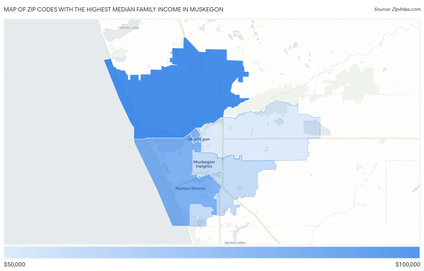 Zip Codes with the Highest Median Family Income in Muskegon Map