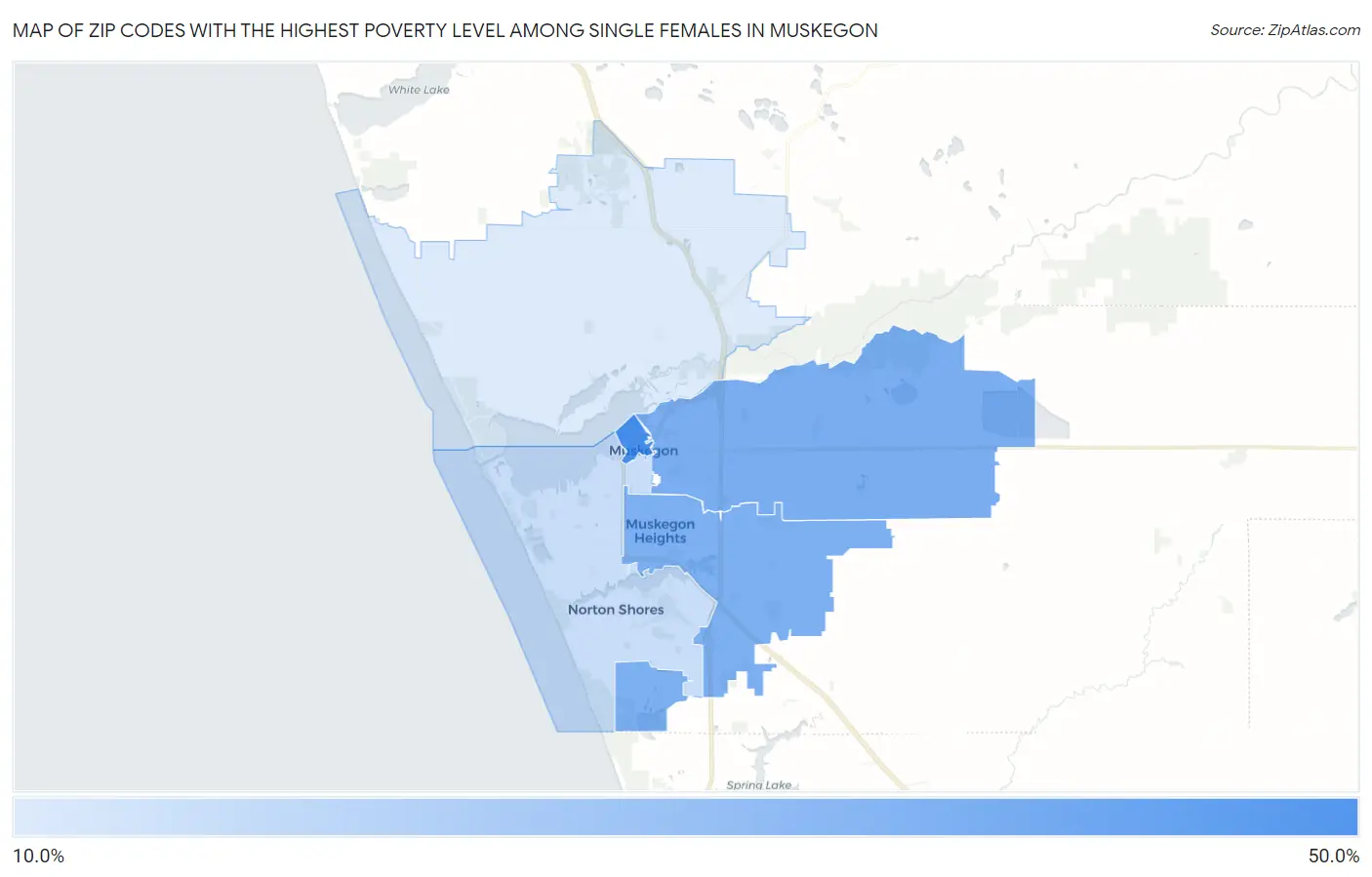 Zip Codes with the Highest Poverty Level Among Single Females in Muskegon Map