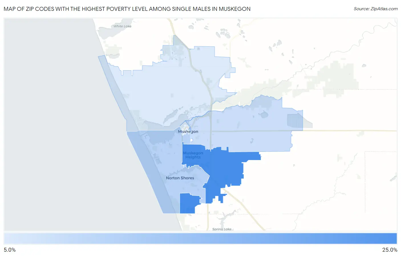 Zip Codes with the Highest Poverty Level Among Single Males in Muskegon Map