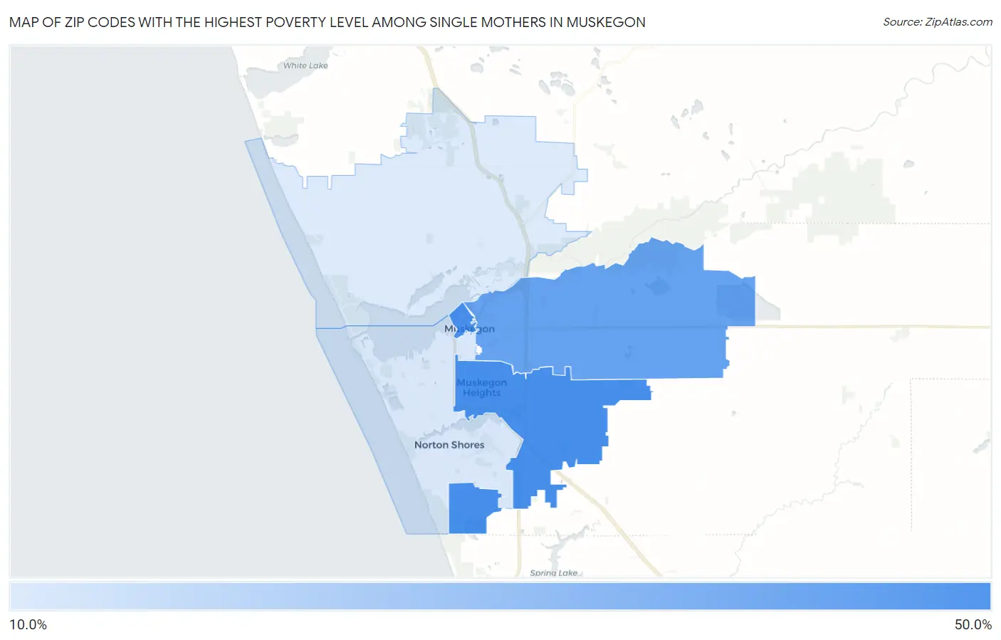 Zip Codes with the Highest Poverty Level Among Single Mothers in Muskegon Map
