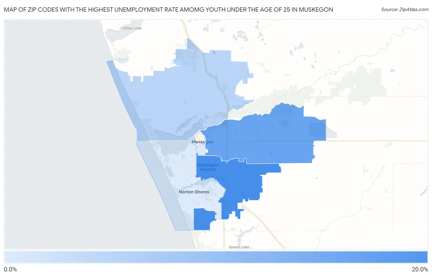 Zip Codes with the Highest Unemployment Rate Amomg Youth Under the Age of 25 in Muskegon Map