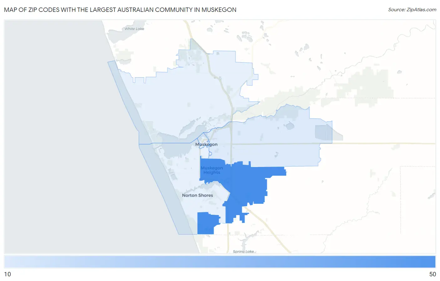 Zip Codes with the Largest Australian Community in Muskegon Map