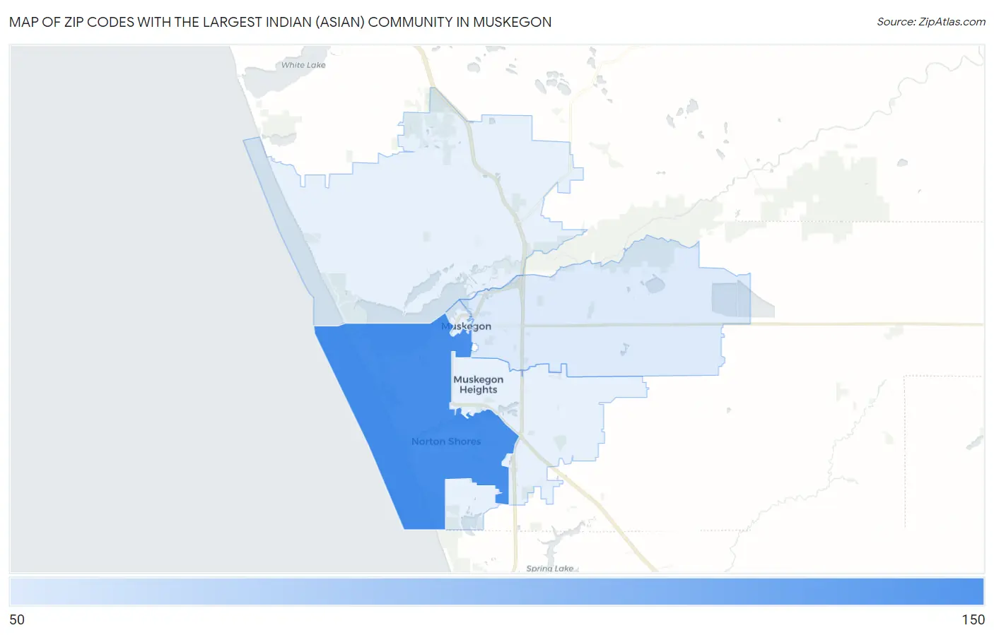 Zip Codes with the Largest Indian (Asian) Community in Muskegon Map