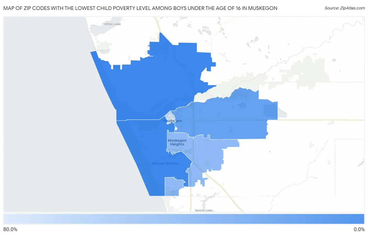 Zip Codes with the Lowest Child Poverty Level Among Boys Under the Age of 16 in Muskegon Map