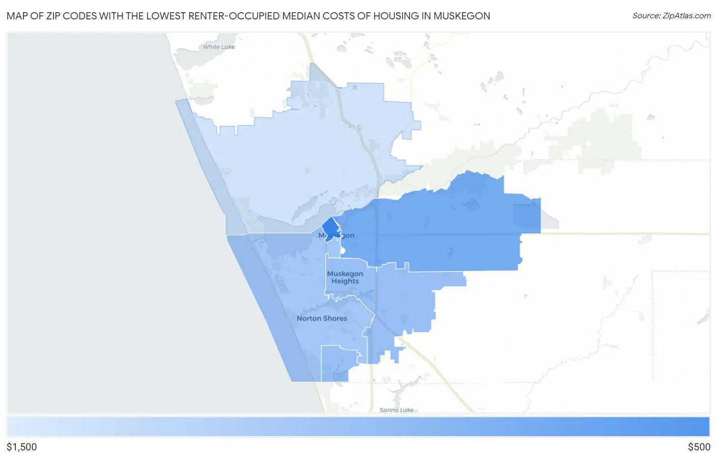 Zip Codes with the Lowest Renter-Occupied Median Costs of Housing in Muskegon Map