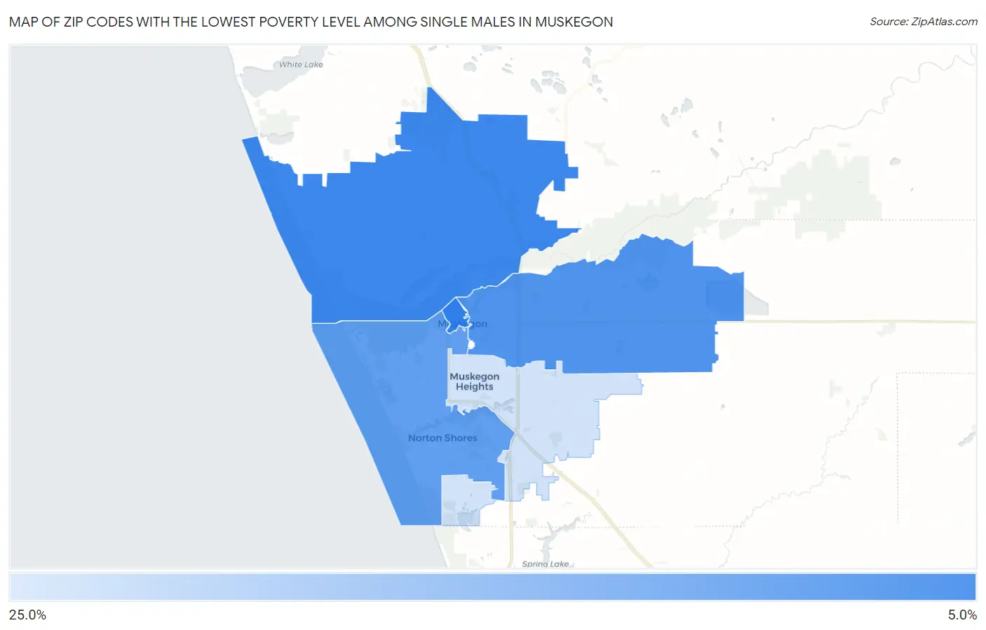 Zip Codes with the Lowest Poverty Level Among Single Males in Muskegon Map