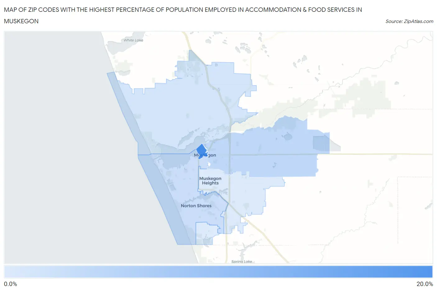 Zip Codes with the Highest Percentage of Population Employed in Accommodation & Food Services in Muskegon Map