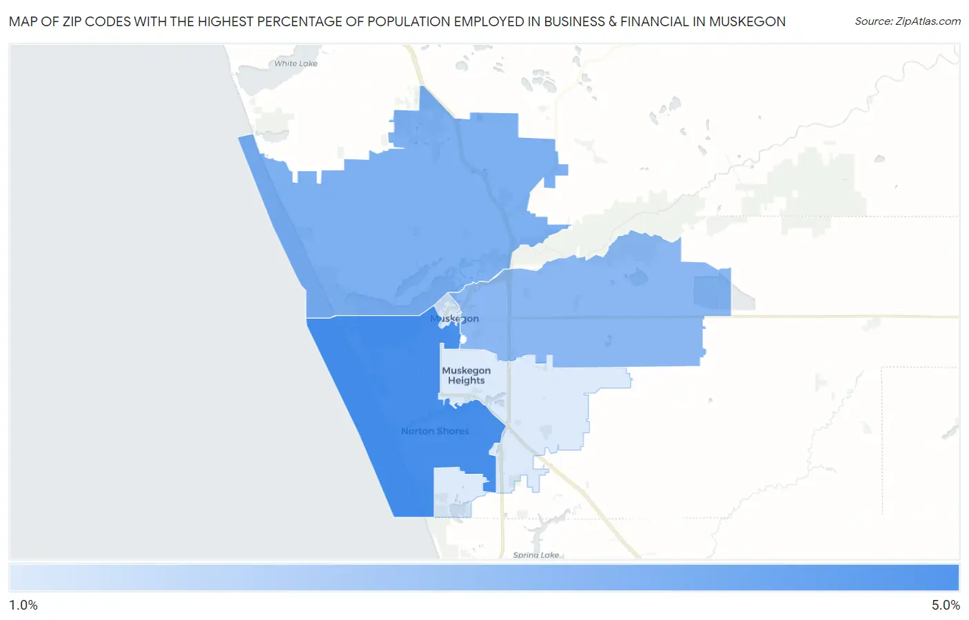 Zip Codes with the Highest Percentage of Population Employed in Business & Financial in Muskegon Map