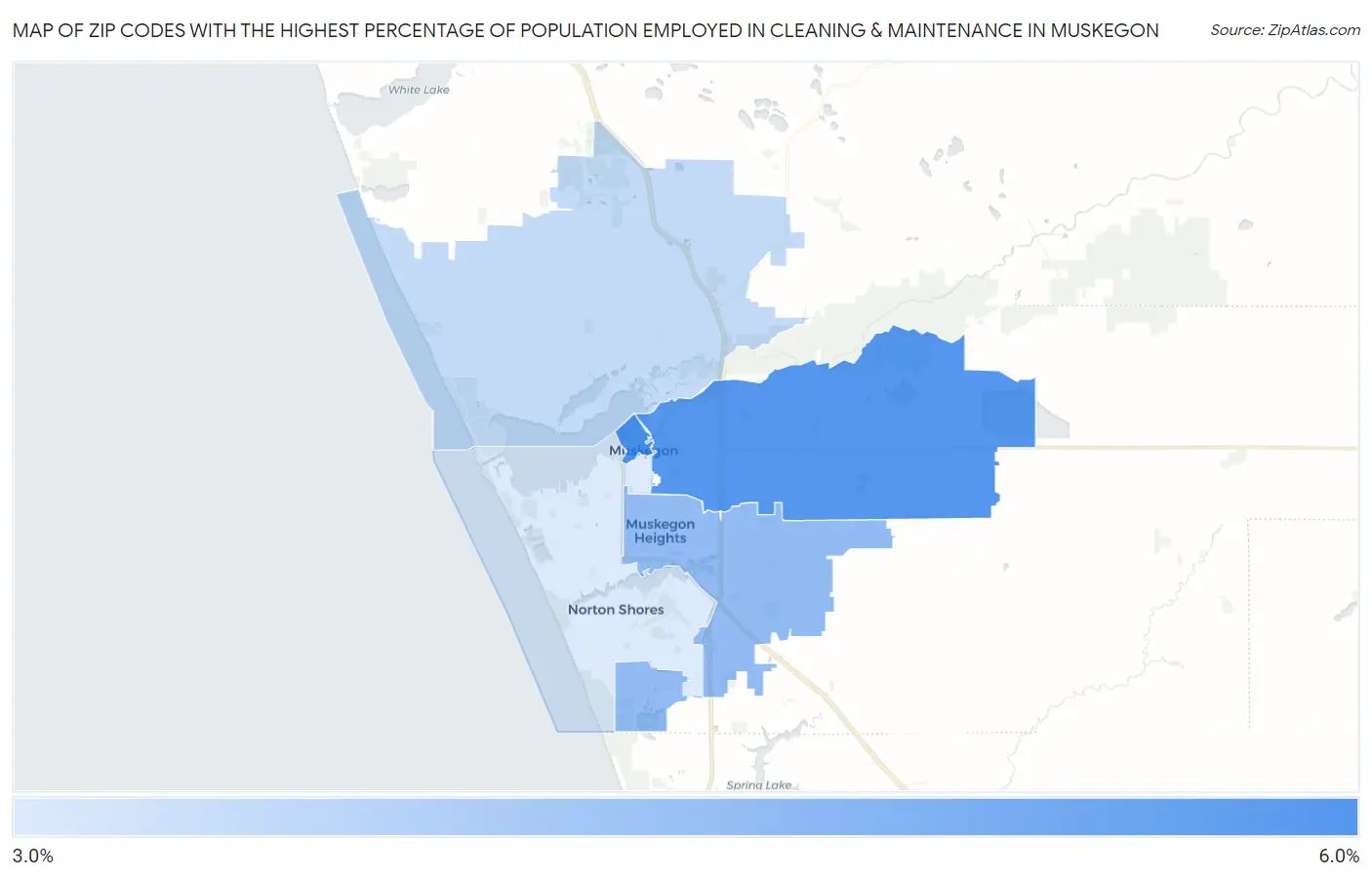 Zip Codes with the Highest Percentage of Population Employed in Cleaning & Maintenance in Muskegon Map
