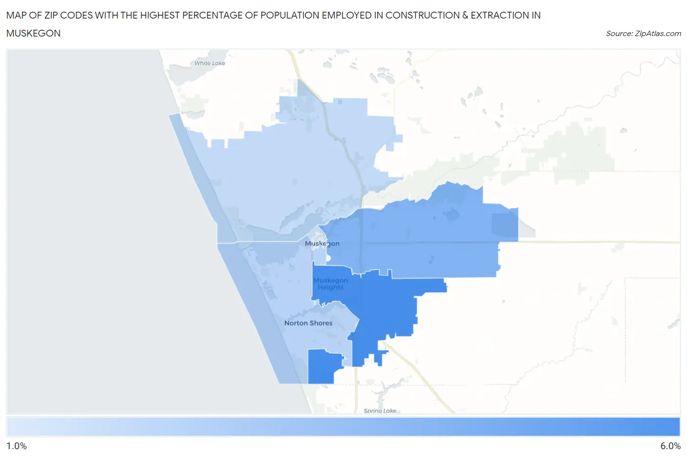 Zip Codes with the Highest Percentage of Population Employed in Construction & Extraction in Muskegon Map